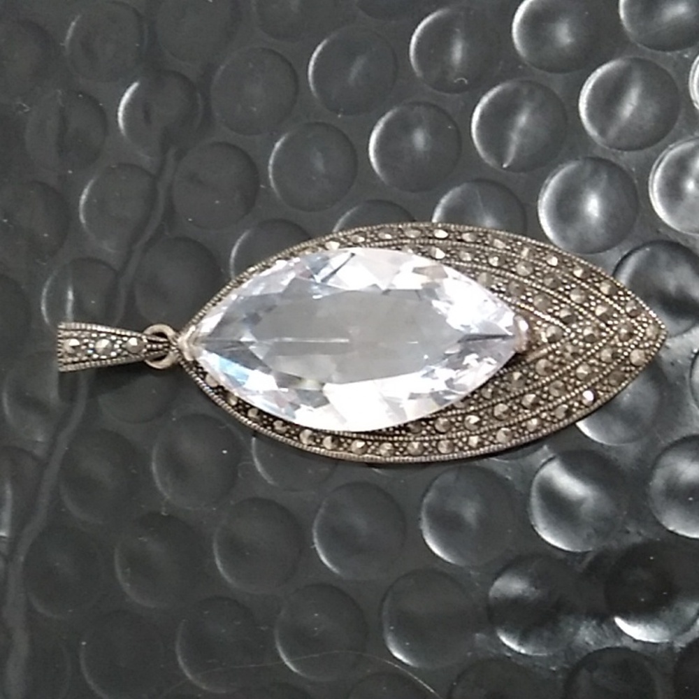 CFJ Collins Fine 925 Thai Sterling Silver Lg Marcasite Pendant W Clear Stone